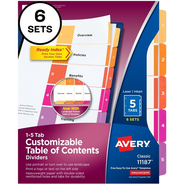 Avery&reg; Ready Index Custom TOC Binder Dividers - 30 x Divider(s) - 1-5 - 5 Tab(s)/Set - 8.5" Divider Width x 11" Divider Length - 3 Hole Punched - White Paper Divider - Multicolor Paper Tab(s) - Recycled - 6 / Pack