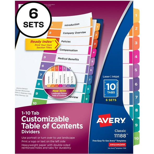 Avery&reg; Ready Index Custom TOC Binder Dividers - 60 x Divider(s) - 1-10 - 10 Tab(s)/Set - 8.5" Divider Width x 11" Divider Length - 3 Hole Punched - White Paper Divider - Multicolor Paper Tab(s) - Recycled - 6 / Pack