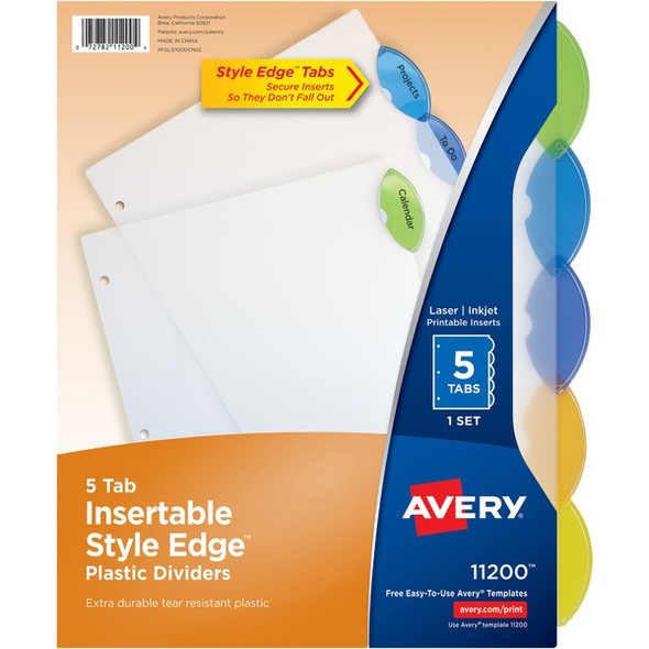 Avery&reg; Plastic Binder Dividers, Insertable Multicolor Style Edge 5-tabs - 5 x Divider(s) - 5 Tab(s) - 5 - 5 Tab(s)/Set - 8.5" Divider Width x 11" Divider Length - 3 Hole Punched - Translucent Plastic Divider - Multicolor Plastic Tab(s) - 5 / Set