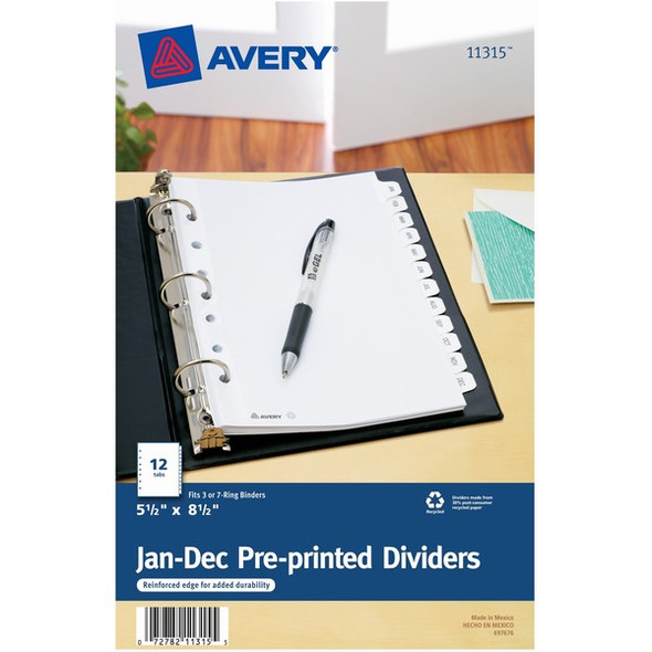 Avery&reg; Monthly Preprinted Tab Dividers - 12 x Divider(s) - Jan-Dec - 12 Tab(s)/Set - 5.5" Divider Width x 8.50" Divider Length - 7 Hole Punched - White Paper Divider - White Paper Tab(s) - Recycled - 12 / Set