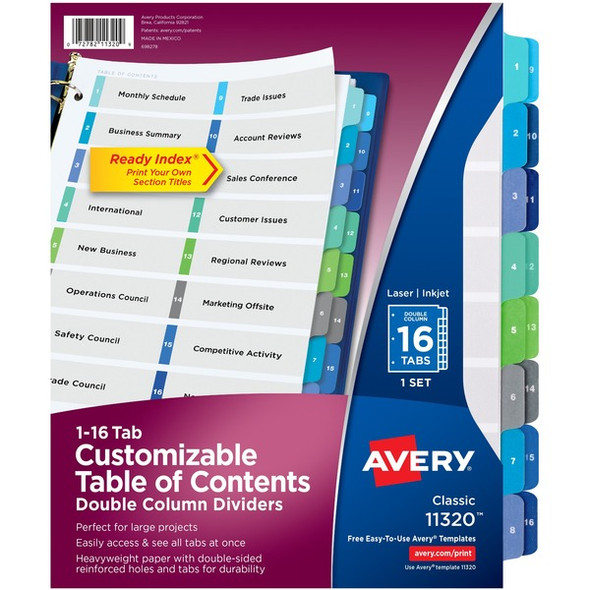 Avery&reg; Two-Column Table Contents Dividers w/Tabs - 16 x Divider(s) - 1-16 - 16 Tab(s)/Set - 8.5" Divider Width x 11" Divider Length - 3 Hole Punched - White Paper Divider - Multicolor Paper Tab(s) - 16 / Set