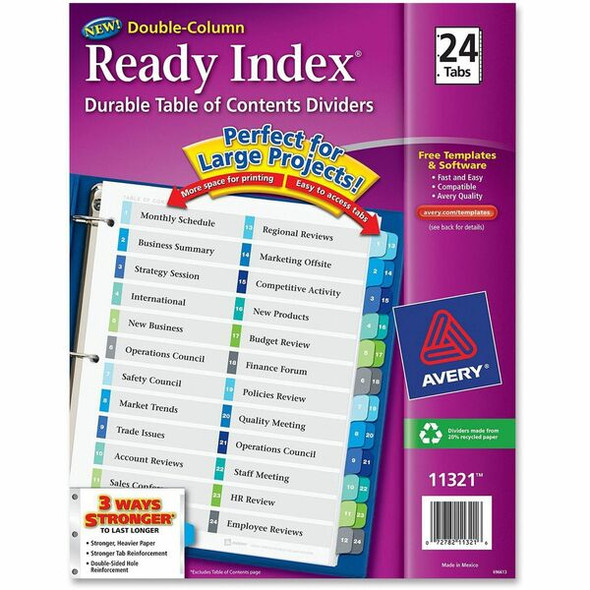 Avery&reg; Two-Column Table Contents Dividers w/Tabs - 24 x Divider(s) - 1-24 - 24 Tab(s)/Set - 8.5" Divider Width x 11" Divider Length - 3 Hole Punched - White Paper Divider - Multicolor Paper Tab(s) - Recycled - 24 / Set