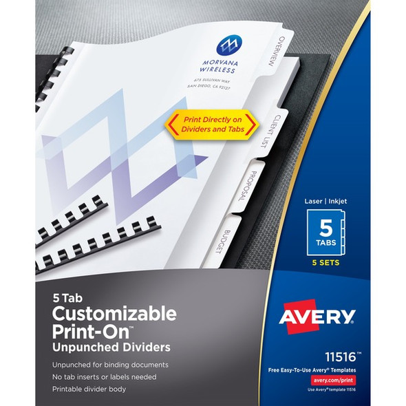 Avery&reg; Unpunched Print-On Dividers - 25 x Divider(s) - Print-on Tab(s) - 5 - 5 Tab(s)/Set - 8.5" Divider Width x 11" Divider Length - White Paper Divider - White Paper Tab(s) - Recycled - 5 / Box