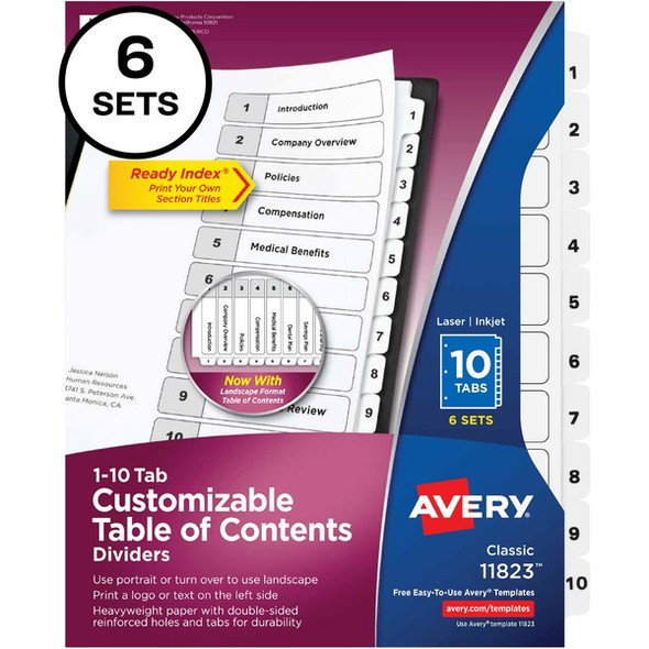 Avery&reg; Ready Index 10-tab Custom TOC Dividers - 60 x Divider(s) - 1-10, Table of Contents - 10 Tab(s)/Set - 8.5" Divider Width x 11" Divider Length - 3 Hole Punched - White Paper Divider - White Paper Tab(s) - 6 / Pack