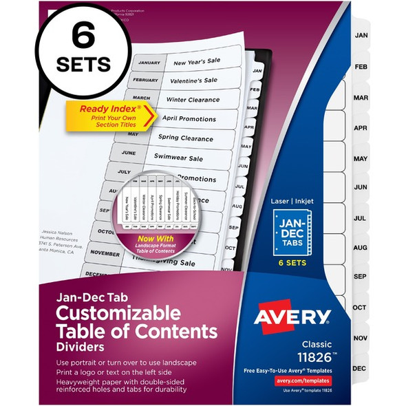 Avery&reg; Monthly Tab Table of Contents Dividers - 72 x Divider(s) - Jan-Dec, Table of Contents - 12 Tab(s)/Set - 8.5" Divider Width x 11" Divider Length - 3 Hole Punched - White Paper Divider - White Paper Tab(s) - 6