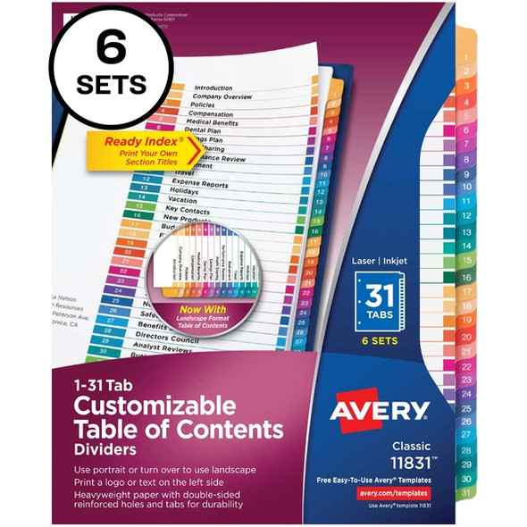 Avery&reg; Ready Index 31 Tab Dividers, Customizable TOC, 6 Sets - 186 x Divider(s) - 1-31, Table of Contents - 31 Tab(s)/Set - 8.5" Divider Width x 11" Divider Length - 3 Hole Punched - White Paper Divider - Multicolor Paper Tab(s) - 6 / Pack