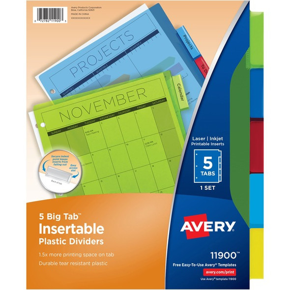 Avery&reg; Big Tab Insertable Plastic Dividers - 5 x Divider(s) - 5 - 5 Tab(s)/Set - 8.5" Divider Width x 11" Divider Length - 3 Hole Punched - Translucent Plastic Divider - Multicolor Plastic Tab(s)