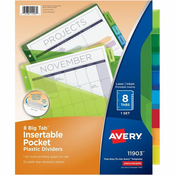 Avery&reg; Big Tab Insertable Plastic Dividers w/Pockets - 8 x Divider(s) - 8 - 8 Tab(s)/Set - 9.3" Divider Width x 11.13" Divider Length - 3 Hole Punched - Translucent Plastic, Multicolor Divider - Multicolor Plastic Tab(s)