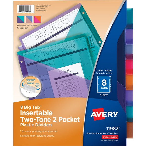 Avery&reg; Big Tab Tab Divider - 8 x Divider(s) - 8 - 8 Tab(s)/Set - 9.3" Divider Width x 11.13" Divider Length - 3 Hole Punched - Multicolor Plastic Divider - Multicolor Plastic Tab(s) - 24 / Carton