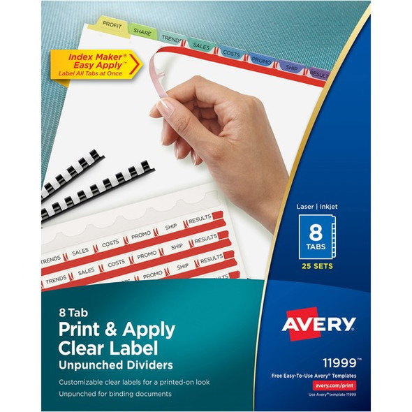 Avery&reg; Index Maker Index Divider - 200 x Divider(s) - Print-on Tab(s) - 8 - 8 Tab(s)/Set - 8.5" Divider Width x 11" Divider Length - White Paper Divider - Multicolor Paper Tab(s) - 25 / Box