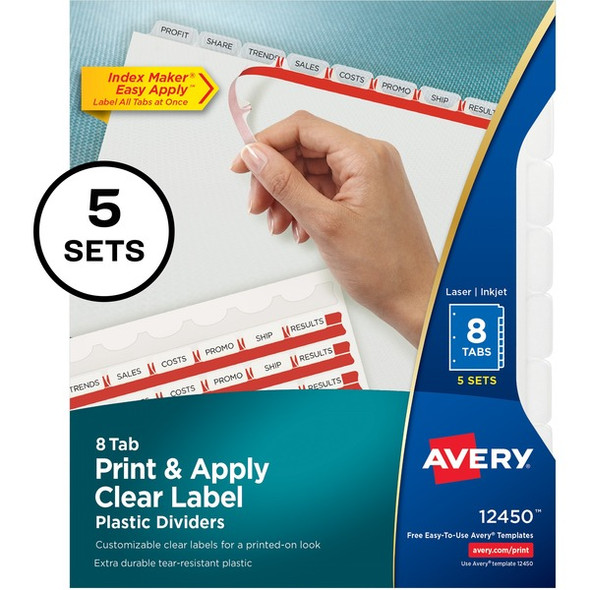 Avery&reg; Index Maker Index Divider - 40 x Divider(s) - 8 - 8 Tab(s)/Set - 8.5" Divider Width x 11" Divider Length - 3 Hole Punched - Translucent Plastic Divider - Frosted Clear Plastic Tab(s) - 1