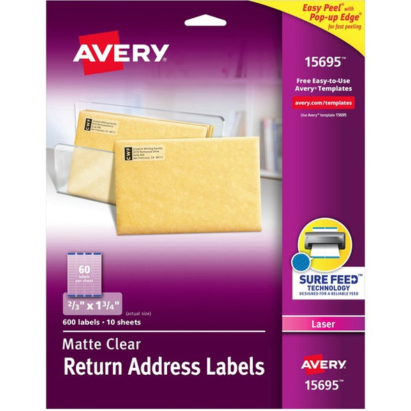 Avery&reg; Easy Peel Return Address Labels - 2/3" Width x 1 3/4" Length - Permanent Adhesive - Rectangle - Laser - Clear - Film - 60 / Sheet - 10 Total Sheets - 600 Total Label(s) - 600 / Pack