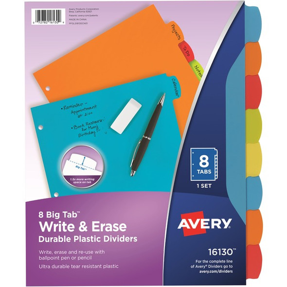 Avery&reg; Big Tab Write & Erase Durable Plastic Dividers - 8 x Divider(s) - 8 Write-on Tab(s) - 8 - 8 Tab(s)/Set - 8.5" Divider Width x 11" Divider Length - 3 Hole Punched - Multicolor Plastic Divider - Multicolor Plastic Tab(s) - 24 / Carton