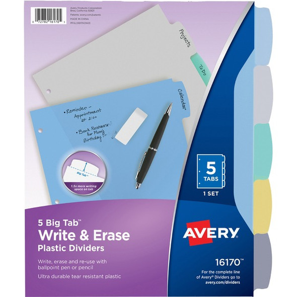 Avery&reg; Big Tab Write & Erase Durable Dividers, 5 Multicolor Tabs - 5 x Divider(s) - 5 Write-on Tab(s) - 5 - 5 Tab(s)/Set - 8.5" Divider Width x 11" Divider Length - 3 Hole Punched - Multicolor Plastic Divider - Multicolor Plastic Tab(s) - 5 / Set