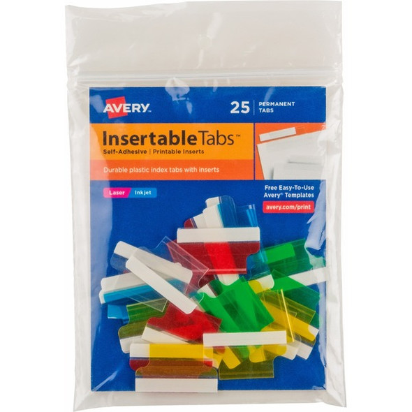 Avery&reg; Index Tabs with Printable Inserts - Print-on Tab(s) - 1" Tab Height - Self-adhesive, Permanent - Assorted Plastic Tab(s) - 25 / Pack