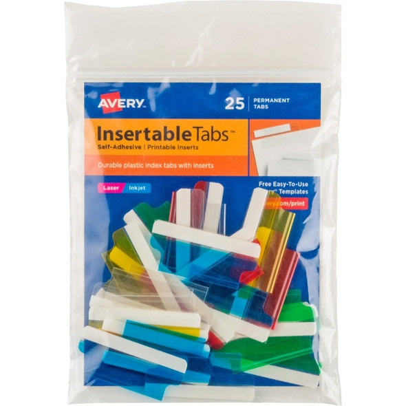 Avery&reg; Index Tabs with Printable Inserts - Print-on Tab(s) - 1.50" Tab Height - Self-adhesive, Permanent - Assorted Plastic Tab(s) - 25 / Pack