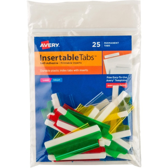 Avery&reg; Index Tabs with Printable Inserts - Print-on Tab(s) - 2" Tab Height - Self-adhesive, Permanent - Assorted Plastic Tab(s) - 25 / Pack