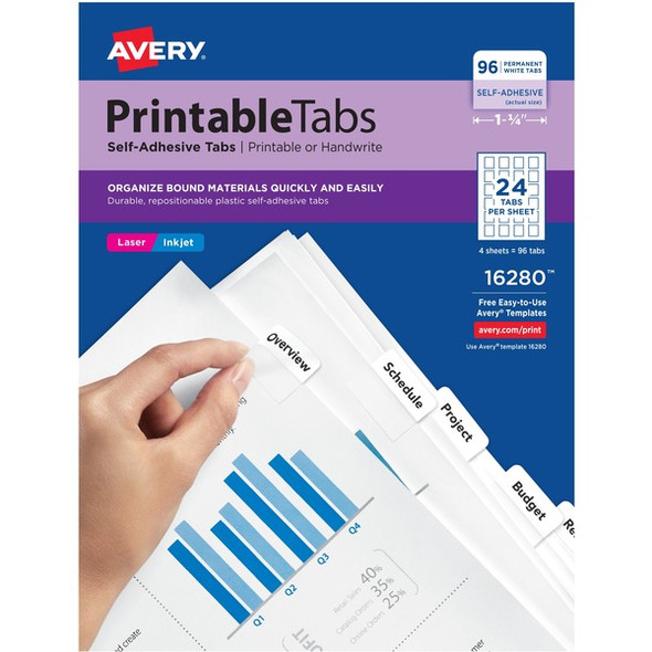 Avery&reg; Printable Repositionable Tabs - 96 Tab(s)1.25" Tab Width - Permanent - Paper Divider - White Paper Tab(s) - 96 / Pack
