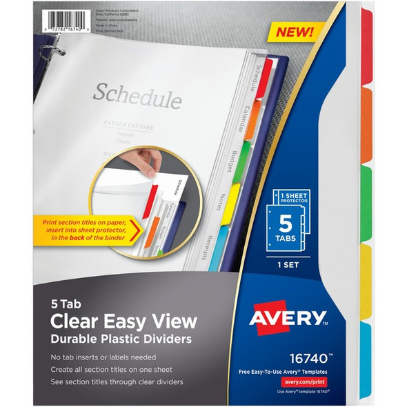 Avery&reg; Easy View Plastic Dividers - 5 x Divider(s) - 5 - 5 Tab(s)/Set - 8.5" Divider Width x 11" Divider Length - 3 Hole Punched - Clear Plastic Divider - Multicolor Plastic Tab(s) - 5 / Set