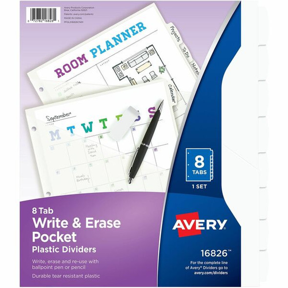 Avery&reg; Write & Erase Pocket Plastic Dividers - 8 x Divider(s) - 8 Write-on Tab(s) - 8 - 8 Tab(s)/Set - 9.3" Divider Width x 11.13" Divider Length - 3 Hole Punched - White Plastic Divider - White Plastic Tab(s) - 2
