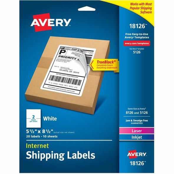 Avery&reg; Internet Shipping Labels, TrueBlock&reg; Technology, Permanent Adhesive, 5-1/2" x 8-1/2" , 20 Labels (18126) - Avery Internet Shipping Labels, 5-1/2" x 8-1/2" , 20 Labels (18126)