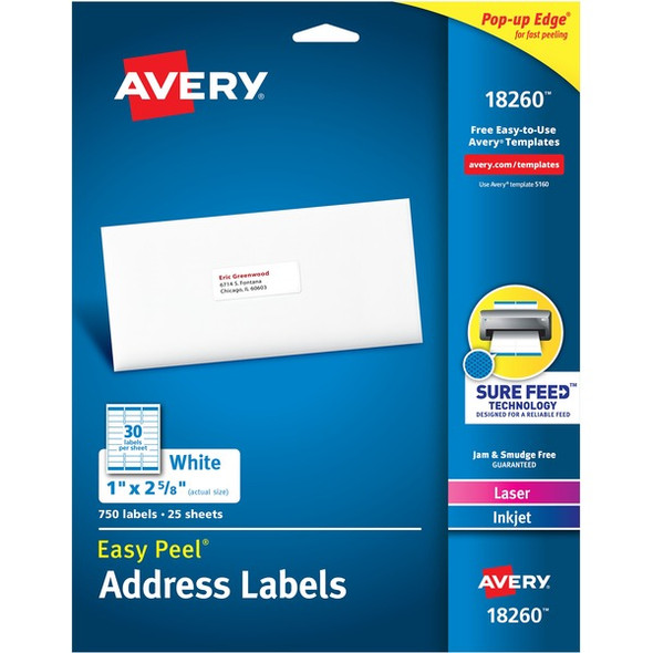 Avery&reg; Easy Peal Sure Feed Address Labels - Permanent Adhesive - Rectangle - Laser, Inkjet - White - Paper - 30 / Sheet - 125 Total Sheets - 3750 Total Label(s) - 5 / Carton