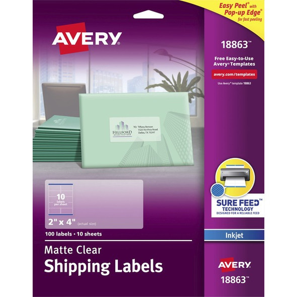 Avery&reg; Easy Peel Inkjet Printer Mailing Labels - Permanent Adhesive - Rectangle - Inkjet - Clear - Film - 10 / Sheet - 50 Total Sheets - 500 Total Label(s) - 5 / Carton