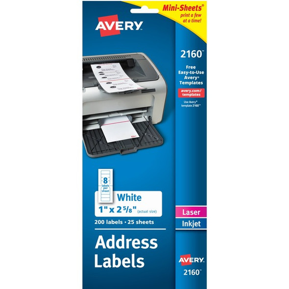 Avery&reg; Mini-Sheets Address Label - 1" Width x 2 5/8" Length - Permanent Adhesive - Rectangle - Laser, Inkjet - White - Paper - 8 / Sheet - 25 Total Sheets - 200 Total Label(s) - 1