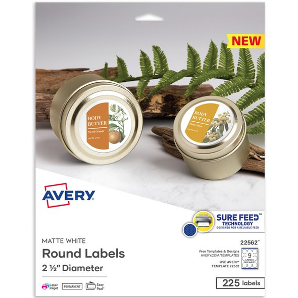 Avery&reg; Matte White Sure Feed Labels - - Width2 1/2" Diameter - Permanent Adhesive - Round - Laser, Inkjet - White - Paper - 9 / Sheet - 25 Total Sheets - 225 Total Label(s) - 225 / Pack