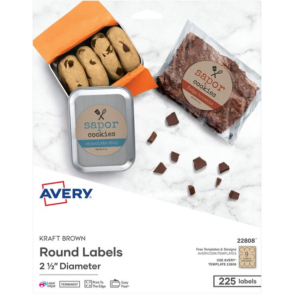 Avery&reg; Print-To-The-Edge Kraft Brown Labels - - Width2 1/2" Diameter - Permanent Adhesive - Round - Laser, Inkjet - Kraft Brown - Paper - 9 / Sheet - 25 Total Sheets - 225 Total Label(s)