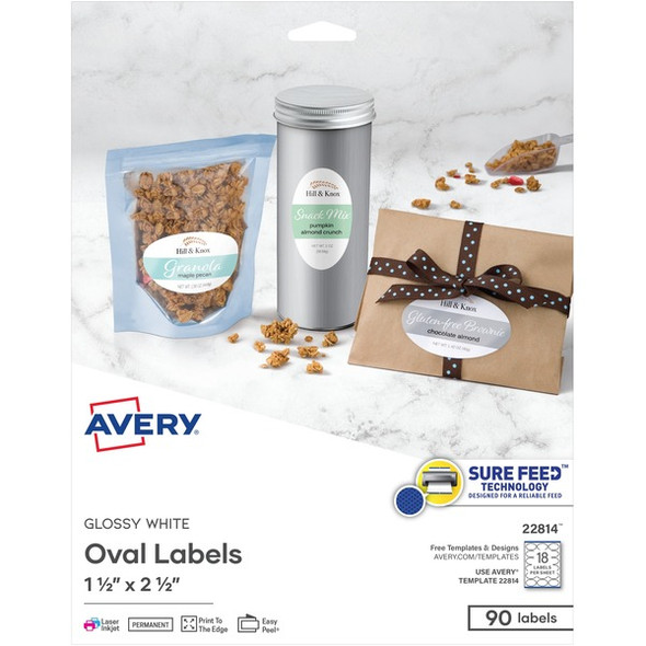 Avery&reg; Sure Feed Printable Glossy White Labels - Permanent Adhesive - Oval - Laser, Inkjet - White - Paper - 18 / Sheet - 90 Total Sheets - 450 Total Label(s) - 5 / Carton