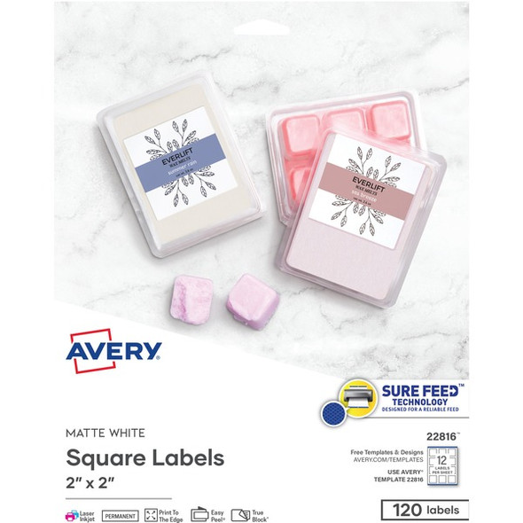 Avery&reg; Print-to-the-Edge Easy Peel Square Labels - Permanent Adhesive - Square - Laser, Inkjet - Matte White - Paper - 12 / Sheet - 50 Total Sheets - 600 Total Label(s) - 5 / Carton