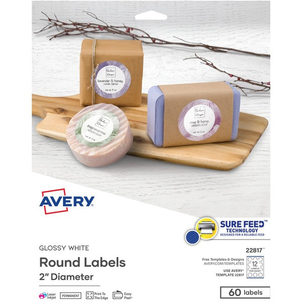 Avery&reg; TrueBlock Multipurpose Label - Permanent Adhesive - Round - Laser, Inkjet - Bright White - Paper - 12 / Sheet - 25 Total Sheets - 300 Total Label(s) - 5 / Carton