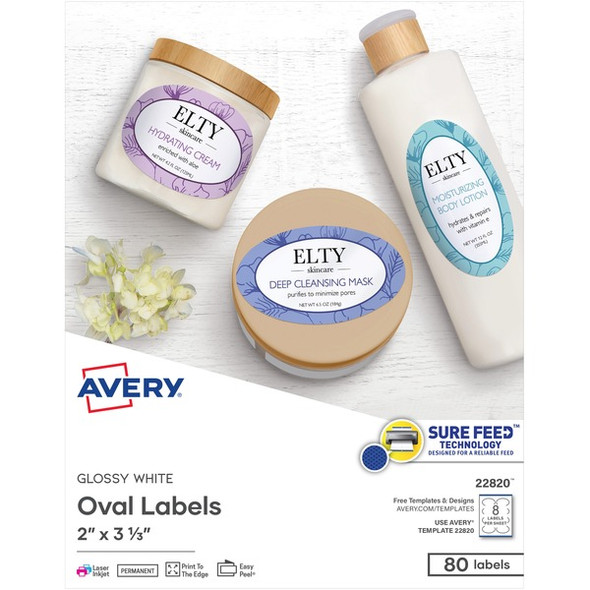 Avery&reg; Easy Peel Oval Labels - 2" Width x 3 21/64" Length - Permanent Adhesive - Oval - Laser, Inkjet - White - Paper - 8 / Sheet - 10 Total Sheets - 80 Total Label(s) - 5