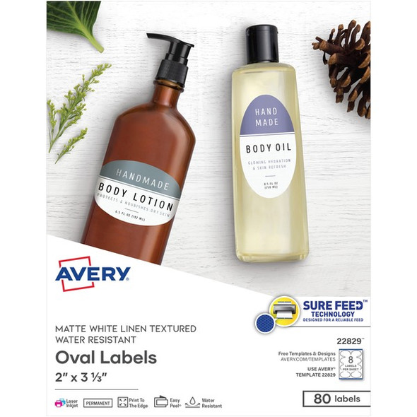 Avery&reg; Easy Peel Labels -Sure Feed - Print-to-the-Edge - 2" Width x 3 21/64" Length - Permanent Adhesive - Oval - Laser, Inkjet - Matte White - Paper - 8 / Sheet - 10 Total Sheets - 80 Total Label(s) - 5 - Water Resistant