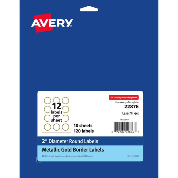 Avery&reg; Easy Peel Round Labels - - Width2" Diameter - Permanent Adhesive - Round - Inkjet, Laser - White, Metallic Gold - Paper - 12 / Sheet - 120 / Pack - Peel-off, Curl Resistant, Stick & Stay, Pop Up Edge, Tear Proof