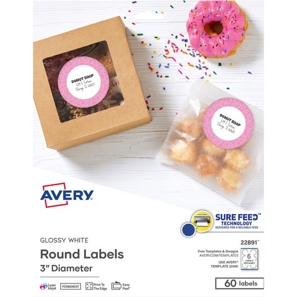 Avery&reg; Glossy White Labels, 3" Round, 60 Labels (22891) - - Height3" Diameter - Permanent Adhesive - Round - Gloss White - 6 / Sheet - 60 / Pack - Jam-free, Stick & Stay, Smudge Proof, Foldable