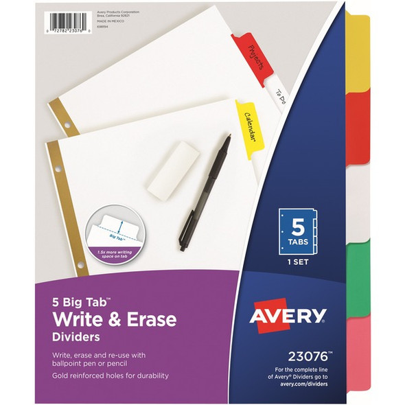 Avery&reg; Big Tab Write & Erase Dividers - 5 x Divider(s) - 5 Write-on Tab(s) - 5 - 5 Tab(s)/Set - 8.5" Divider Width x 11" Divider Length - 3 Hole Punched - White Paper Divider - Multicolor Paper Tab(s) - Recycled - 1 / Set