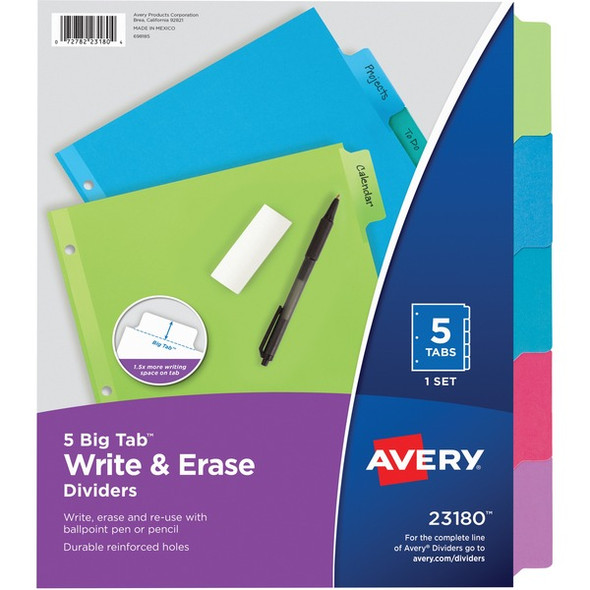 Avery&reg; Big Tab Write & Erase Dividers - 5 x Divider(s) - 5 Write-on Tab(s) - 5 - 5 Tab(s)/Set - 8.5" Divider Width x 11" Divider Length - 3 Hole Punched - Multicolor Paper Divider - Multicolor Paper Tab(s) - Recycled - 36 / Carton