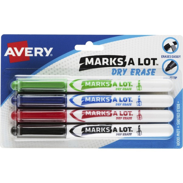 Avery&reg; Pen-Style Dry Erase Markers - Bullet Marker Point Style - Black, Red, Blue, Green - Black, Red, Blue, Green, White Barrel - 4 / Pack