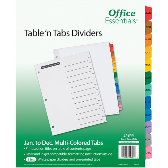 Avery&reg; Office Essentials Table 'n Tabs Tab Dividers - 288 x Divider(s) - 288 Tab(s) - Jan-Dec - 12 Tab(s)/Set - 8.5" Divider Width x 11" Divider Length - 3 Hole Punched - White Paper Divider - Multicolor Paper Tab(s) - 8 / Carton