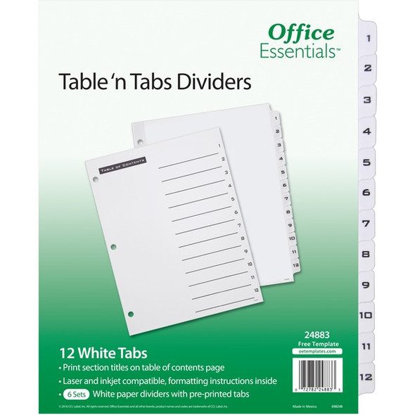 Avery&reg; Table 'n Tabs White Tab Numbered Dividers - 288 x Divider(s) - 288 Tab(s) - 1-12 - 12 Tab(s)/Set - 8.5" Divider Width x 11" Divider Length - 3 Hole Punched - White Paper Divider - Black Paper, White Tab(s) - 4 / Carton