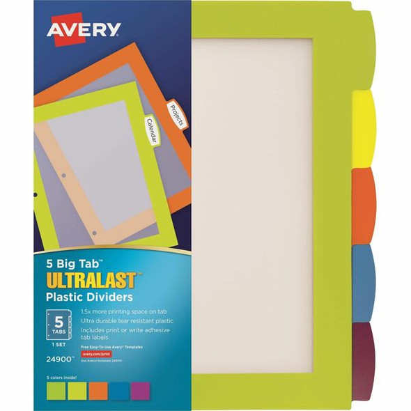 Avery&reg; Ultralast Big Tab Plastic Dividers - 5 x Divider(s) - 5 Write-on Tab(s) - 5 - 5 Tab(s)/Set - 8.5" Divider Width x 11" Divider Length - 3 Hole Punched - Multicolor Plastic Divider - Multicolor Plastic Tab(s) - 1 Each