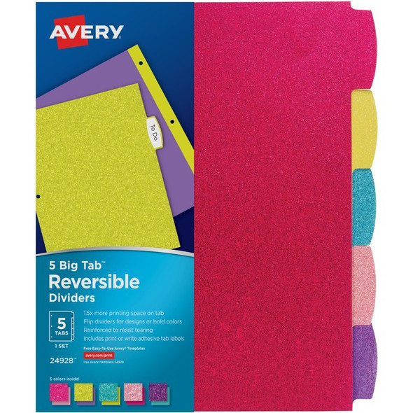 Avery&reg; Big Tab Reversible Fashion Dividers - 120 x Divider(s) - 120 Write-on Tab(s) - 5 - 5 Tab(s)/Set - 8.5" Divider Width x 11" Divider Length - 3 Hole Punched - Multicolor Paper Divider - Multicolor Paper Tab(s) - 24 / Carton