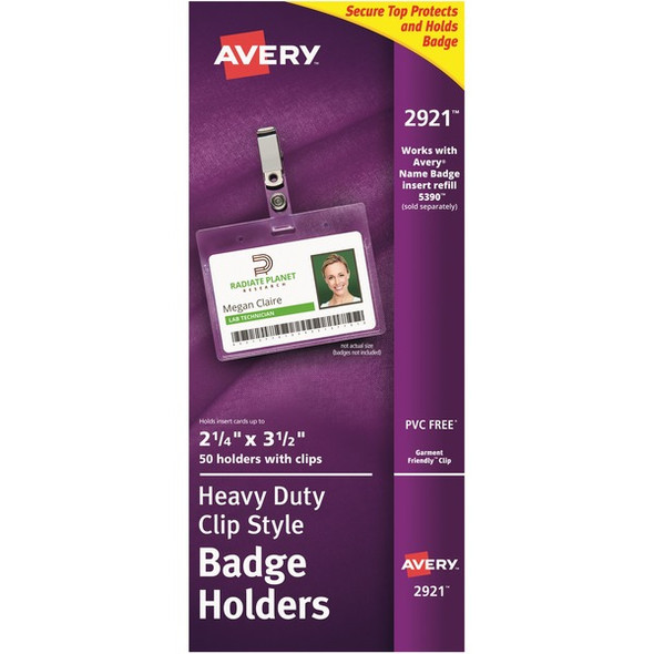 Avery&reg; Heavy-Duty Clip Style Badge Holders - Support 3.50" x 2.25" Media - Horizontal - 3.5" x 2.3" - Plastic - 50 / Box - Clear