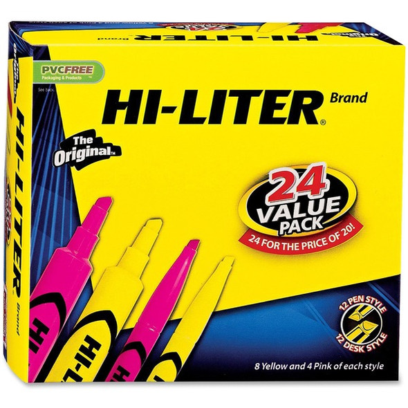 Avery&reg; Hi-Liter Desk and Pen-Style Highlighters - Chisel Marker Point Style - Fluorescent Yellow, Fluorescent Pink Water Based Ink - Assorted Barrel - 24 / Box