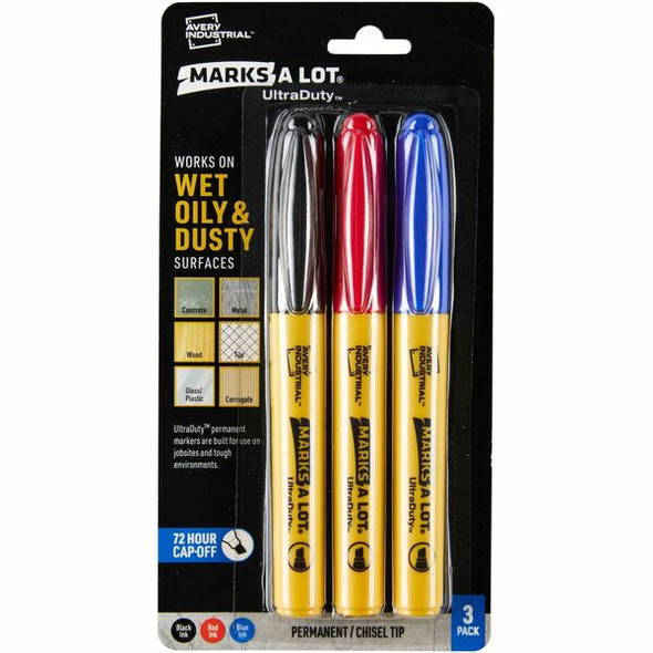 Avery&reg; UltraDuty Markers, Chisel Tip, 3 Assorted Markers (29864) - Bold, Narrow Marker Point - 1 mm Marker Point Size - Chisel Marker Point Style - Black, Red, Blue - Polyester Tip - 3 Pack