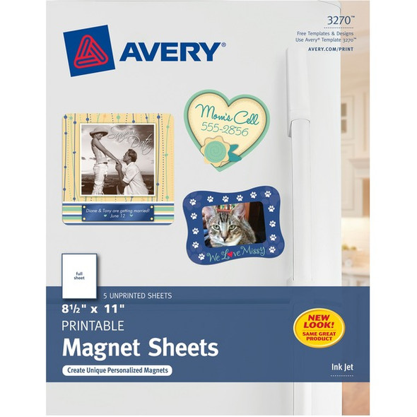 Avery&reg; Printable Magnet Sheets, 8.5" x 11" , 5 Sheets (3270) - Letter - 8 1/2" x 11" - Matte - 5 / Pack - Magnetic, Printable, Lightweight - White