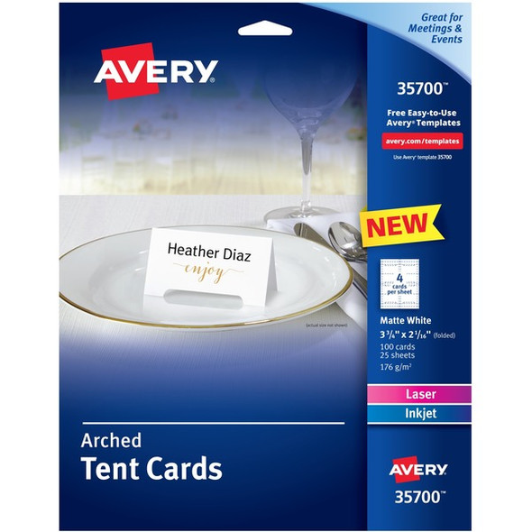 Avery&reg; Sure Feed Arched Tent Cards - 97 Brightness - 3 3/4" x 2 1/16" - 65 lb Basis Weight - 176 g/m&#178; Grammage - Matte - 5 / Pack - Printable, Scratch Proof, Die-cut, Perforated, Print-to-the-edge, Pre-scored - White