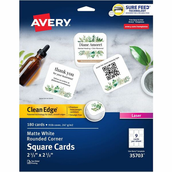 Avery&reg; Clean Edge&reg; Printable Square Cards with Sure Feed Technology, Rounded Corners, 2.5" x 2.5" , White, 180 Blank Cards for Laser Printers (35703) - Avery&reg; Clean Edge&reg; Square Cards, Rounded Corners, 2.5" x 2.5" (35703)